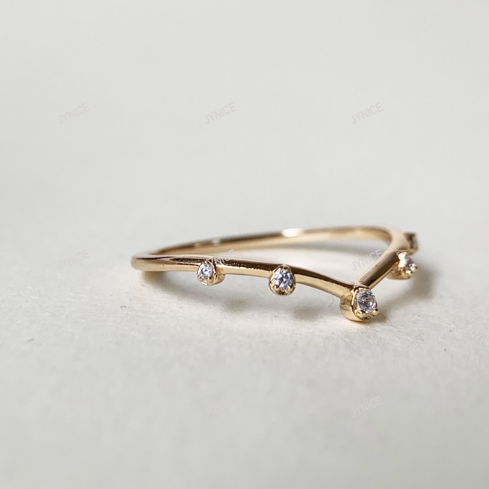 Cubic Zirconia Wedding Band, Gold Stackable Ring, V Curved Stacking Band, Promise Birthday Gift for her