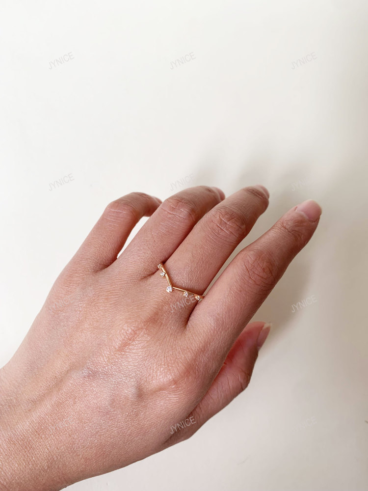 Cubic Zirconia Wedding Band, Gold Stackable Ring, V Curved Stacking Band, Promise Birthday Gift for her