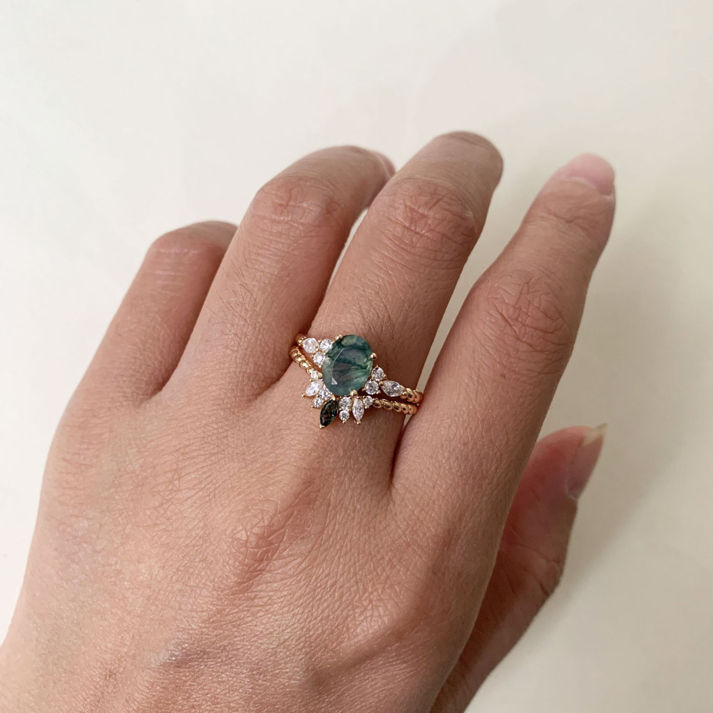 Vintage Moss Agate Engagement Ring Set Gold Oval Unique Natural Stone Twisted Rings Promise Anniversary Jewelry gift for Women