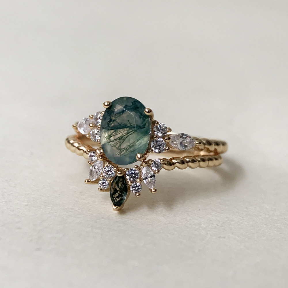 Vintage Moss Agate Engagement Ring Set Gold Oval Unique Natural Stone Twisted Rings Promise Anniversary Jewelry gift for Women
