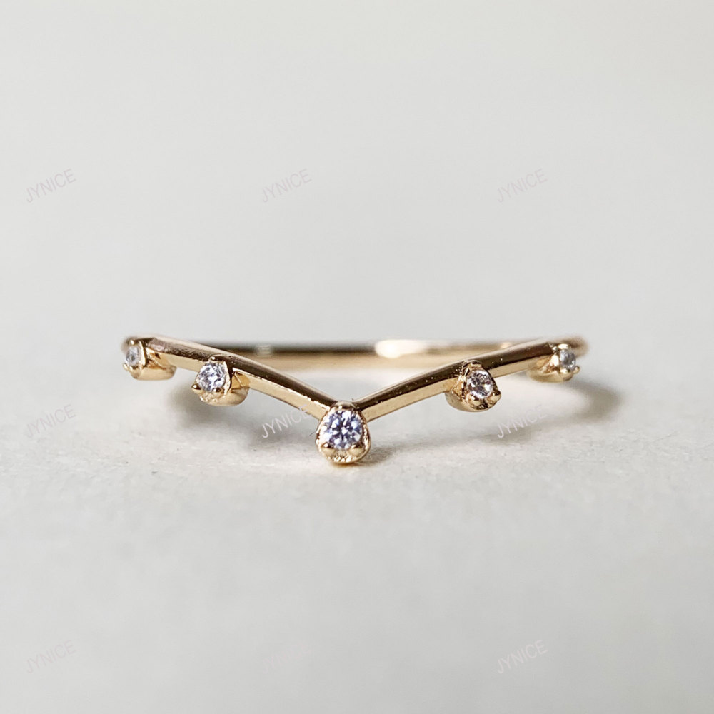 Cubic Zirconia Wedding Band, Gold Stackable Ring, V Curved Stacking Band, Promise Birthday Gift for her