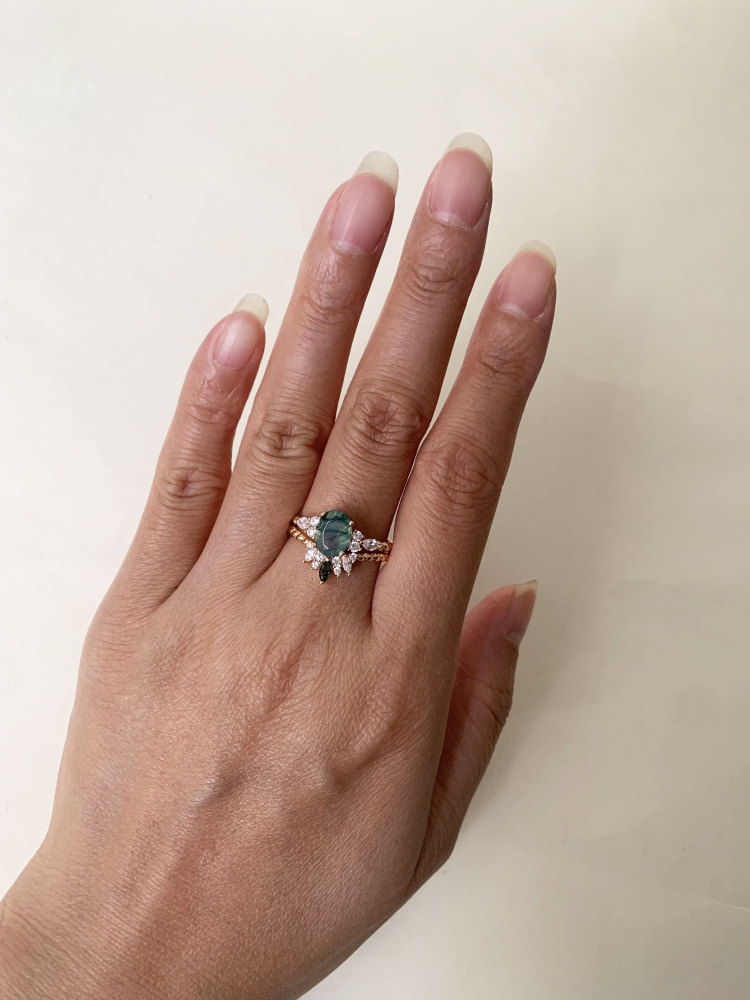 Vintage Moss Agate Engagement Ring Set Gold Oval Unique Natural Stone Twisted Rings Promise Anniversary Jewelry gift for Women