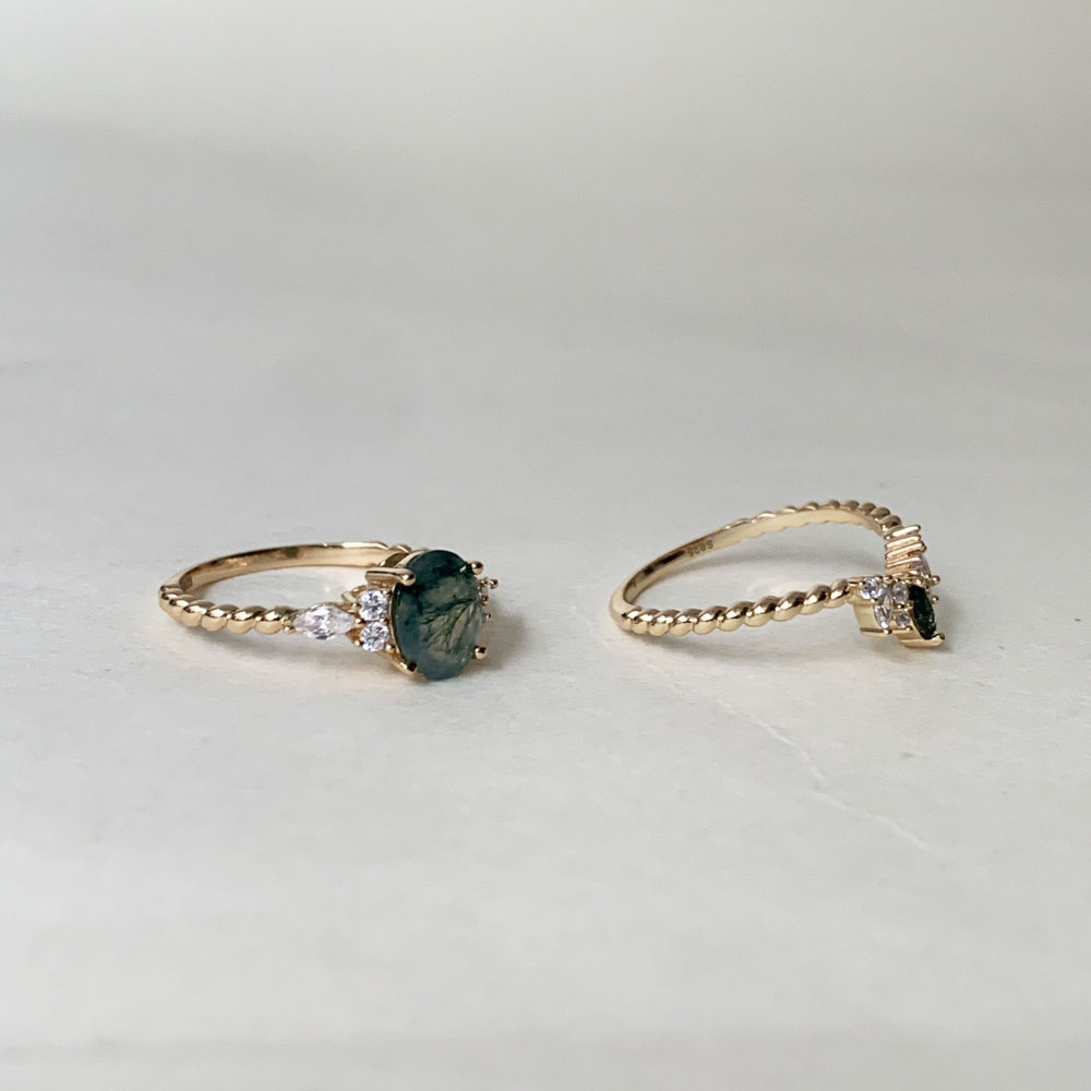 Vintage Moss Agate Engagement Ring Set Gold Oval Unique Natural Stone Twisted Rings Promise Anniversary Jewelry gift for Women