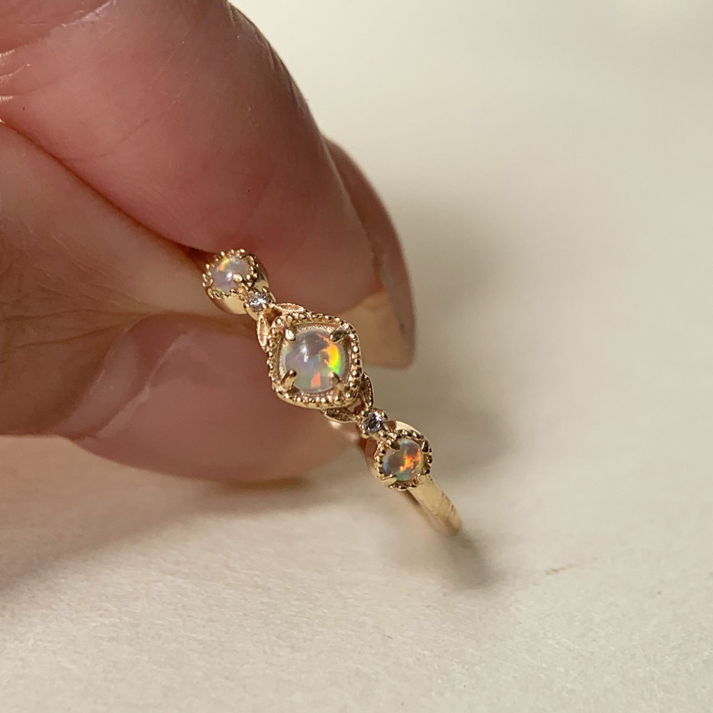 Vintage Opal Promise Ring Gold Plated Sterling Silver Dainty Rings Stacking October Birthstone Art Deco Anniversary Gift