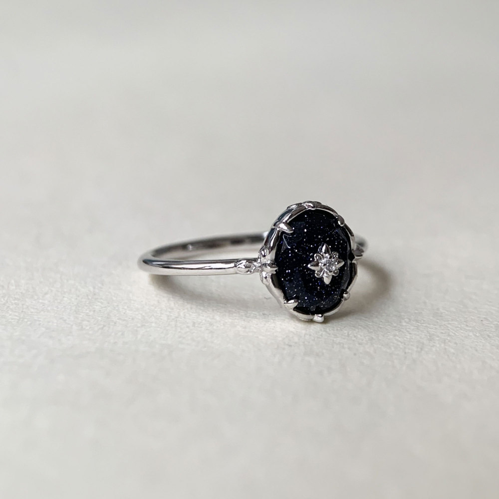 Vintage Blue Sandstone Engagement Ring Sterling Silver Flower Solitaire Promise Wedding Rings Unique Dainty Galaxy Gemstone Jewelry