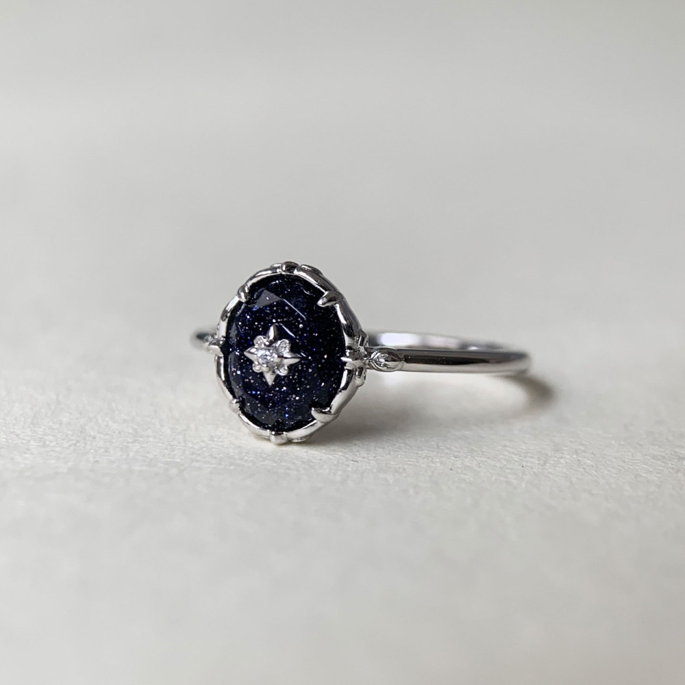 Vintage Blue Sandstone Engagement Ring Sterling Silver Flower Solitaire Promise Wedding Rings Unique Dainty Galaxy Gemstone Jewelry