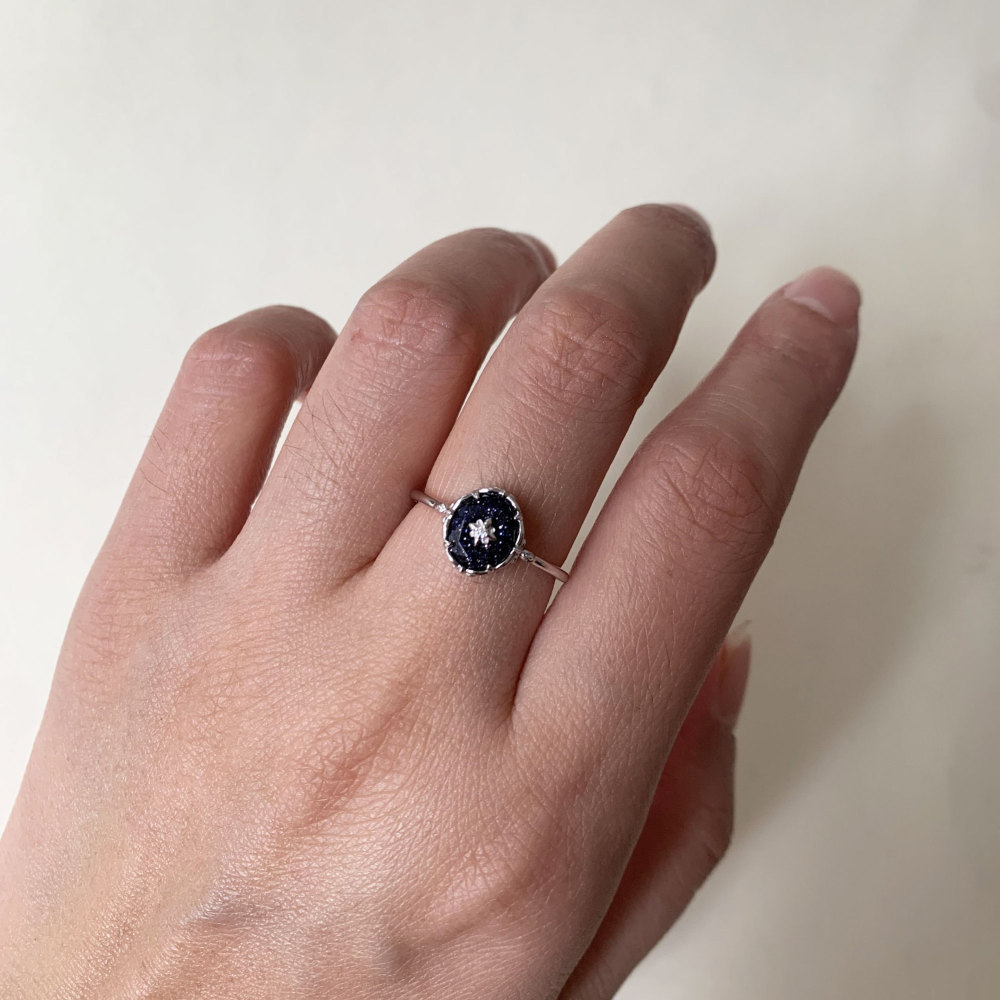 Vintage Blue Sandstone Engagement Ring Sterling Silver Flower Solitaire Promise Wedding Rings Unique Dainty Galaxy Gemstone Jewelry