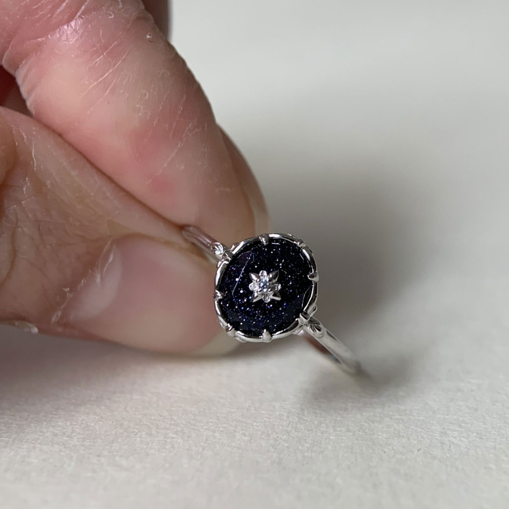 Vintage Blue Sandstone Engagement Ring Sterling Silver Flower Solitaire Promise Wedding Rings Unique Dainty Galaxy Gemstone Jewelry