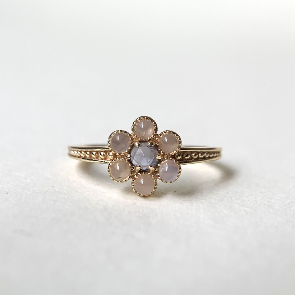 Iolite Ring 925 Sterling Silver Blue Gemstone Ring Gold Plated Peach Moonstone Flower Rings Gift for her