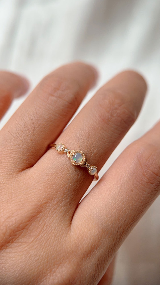 Vintage Opal Promise Ring Gold Plated Sterling Silver Dainty Rings Stacking October Birthstone Art Deco Anniversary Gift