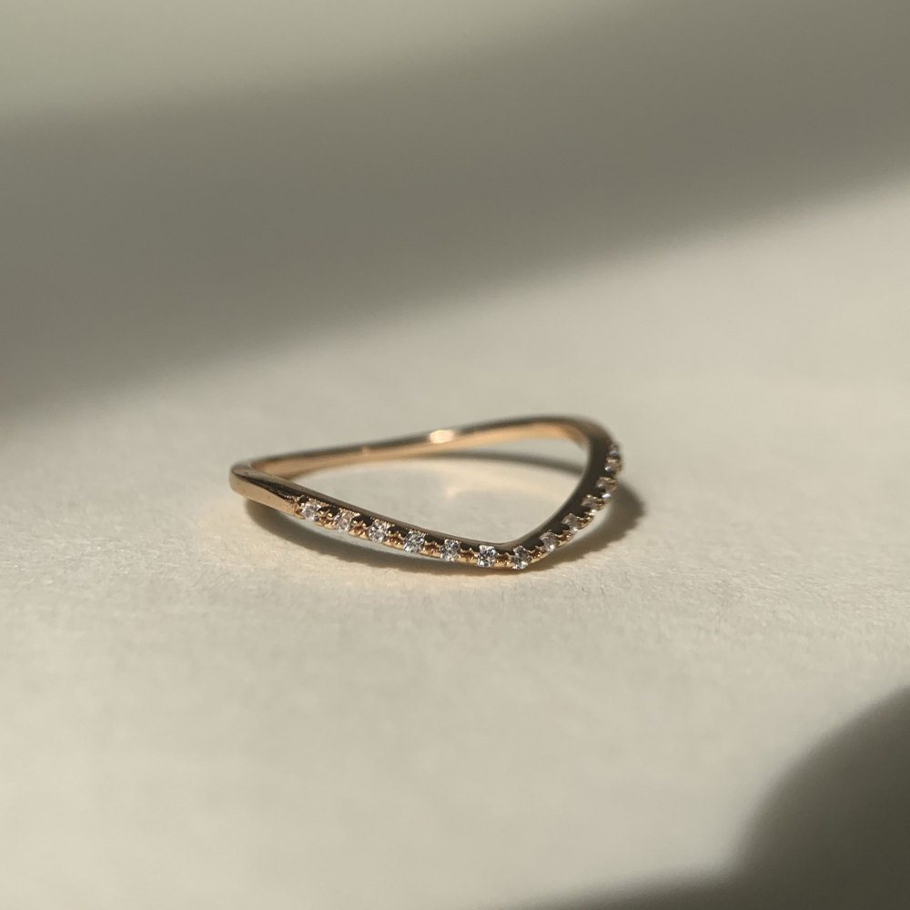 CZ Wedding Band Half Eternity Gold Dainty Thin Ring Minimalist Cubic Zirconia Wave Chevron Stackable Ring for Women