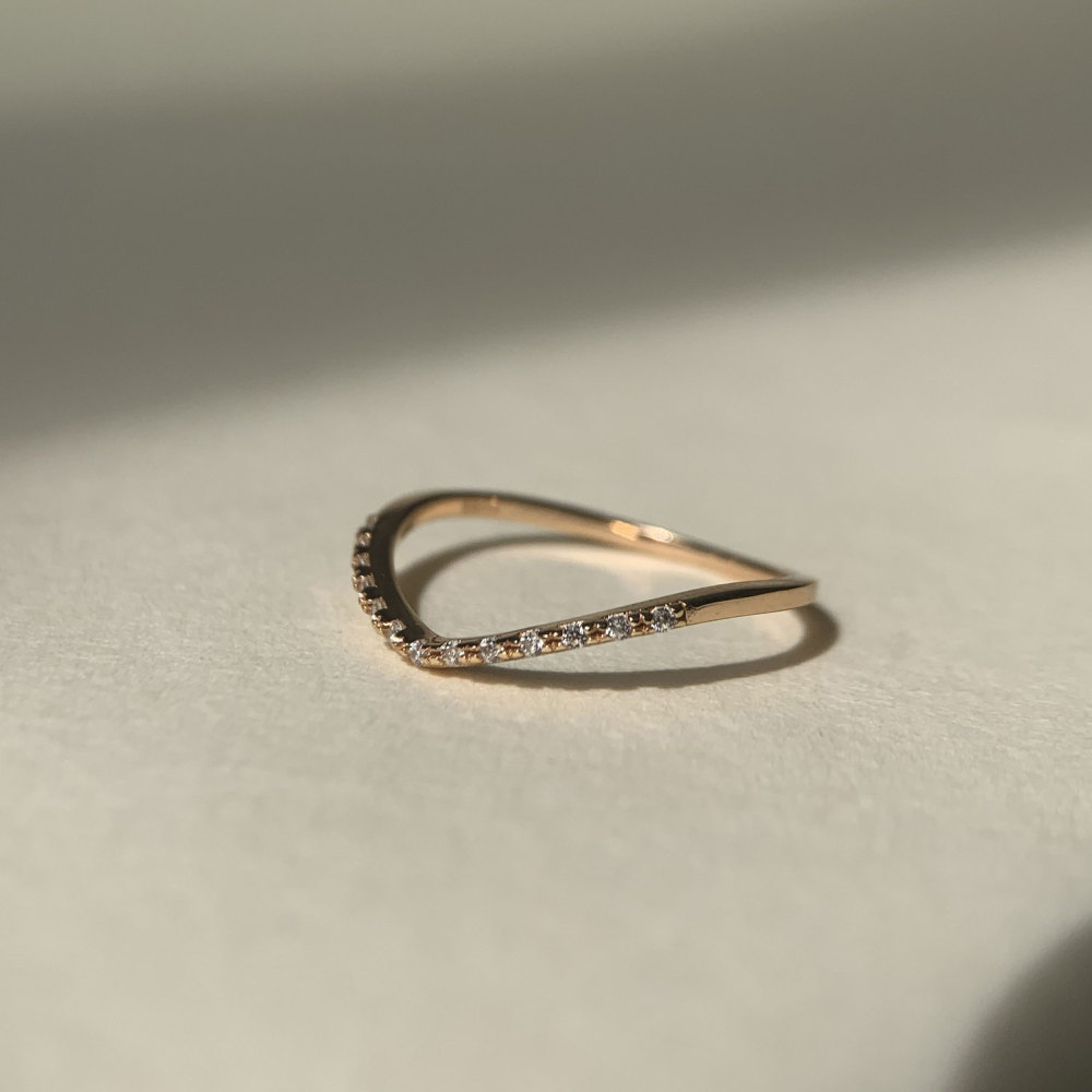 CZ Wedding Band Half Eternity Gold Dainty Thin Ring Minimalist Cubic Zirconia Wave Chevron Stackable Ring for Women