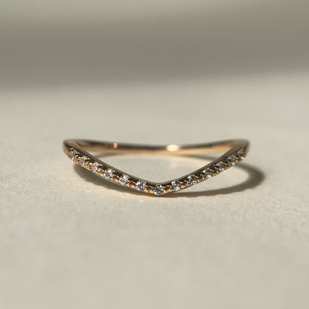 CZ Wedding Band Half Eternity Gold Dainty Thin Ring Minimalist Cubic Zirconia Wave Chevron Stackable Ring for Women