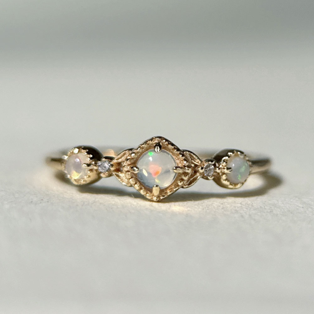 Vintage Opal Promise Ring Gold Plated Sterling Silver Dainty Rings Stacking October Birthstone Art Deco Anniversary Gift