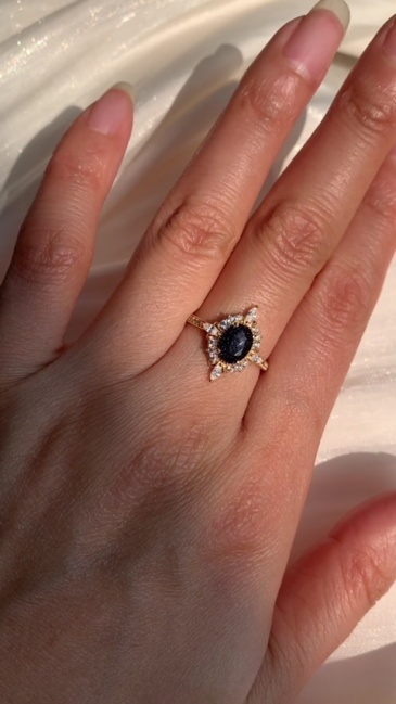 Blue Sandstone Ring 10k 14k 18k solid gold Vintage Oval Engagement Rings for Women CZ Halo Promise Anniversary Jewelry