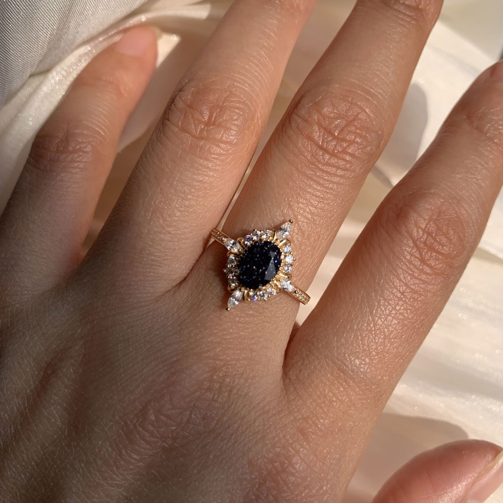 Blue Sandstone Ring 10k 14k 18k solid gold Vintage Oval Engagement Rings for Women CZ Halo Promise Anniversary Jewelry