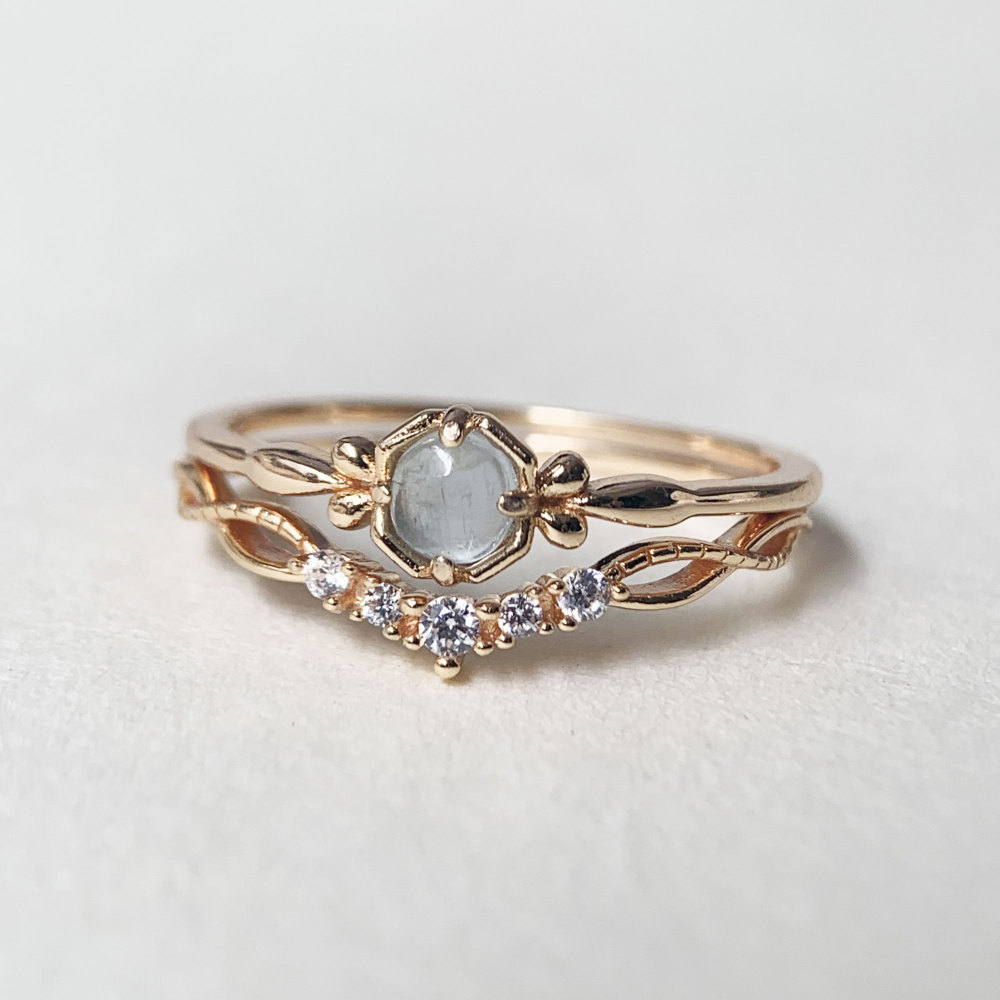 Aquamarine Engagement Ring Set Dainty March Birthstone Minimalist Solitaire Rings Curved Wedding Band for Women Promise Anniversary Jewelry