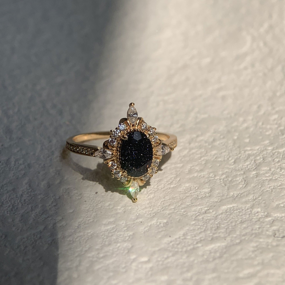 Blue Sandstone Ring 10k 14k 18k solid gold Vintage Oval Engagement Rings for Women CZ Halo Promise Anniversary Jewelry