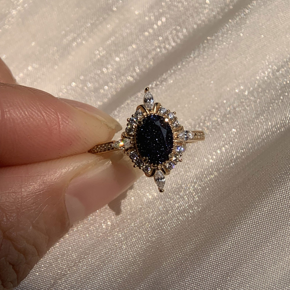 Blue Sandstone Ring 10k 14k 18k solid gold Vintage Oval Engagement Rings for Women CZ Halo Promise Anniversary Jewelry