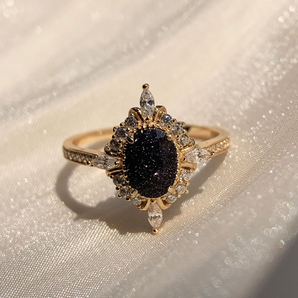Blue Sandstone Ring 10k 14k 18k solid gold Vintage Oval Engagement Rings for Women CZ Halo Promise Anniversary Jewelry