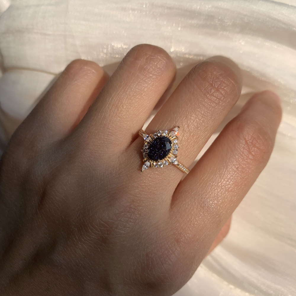 Blue Sandstone Ring 10k 14k 18k solid gold Vintage Oval Engagement Rings for Women CZ Halo Promise Anniversary Jewelry