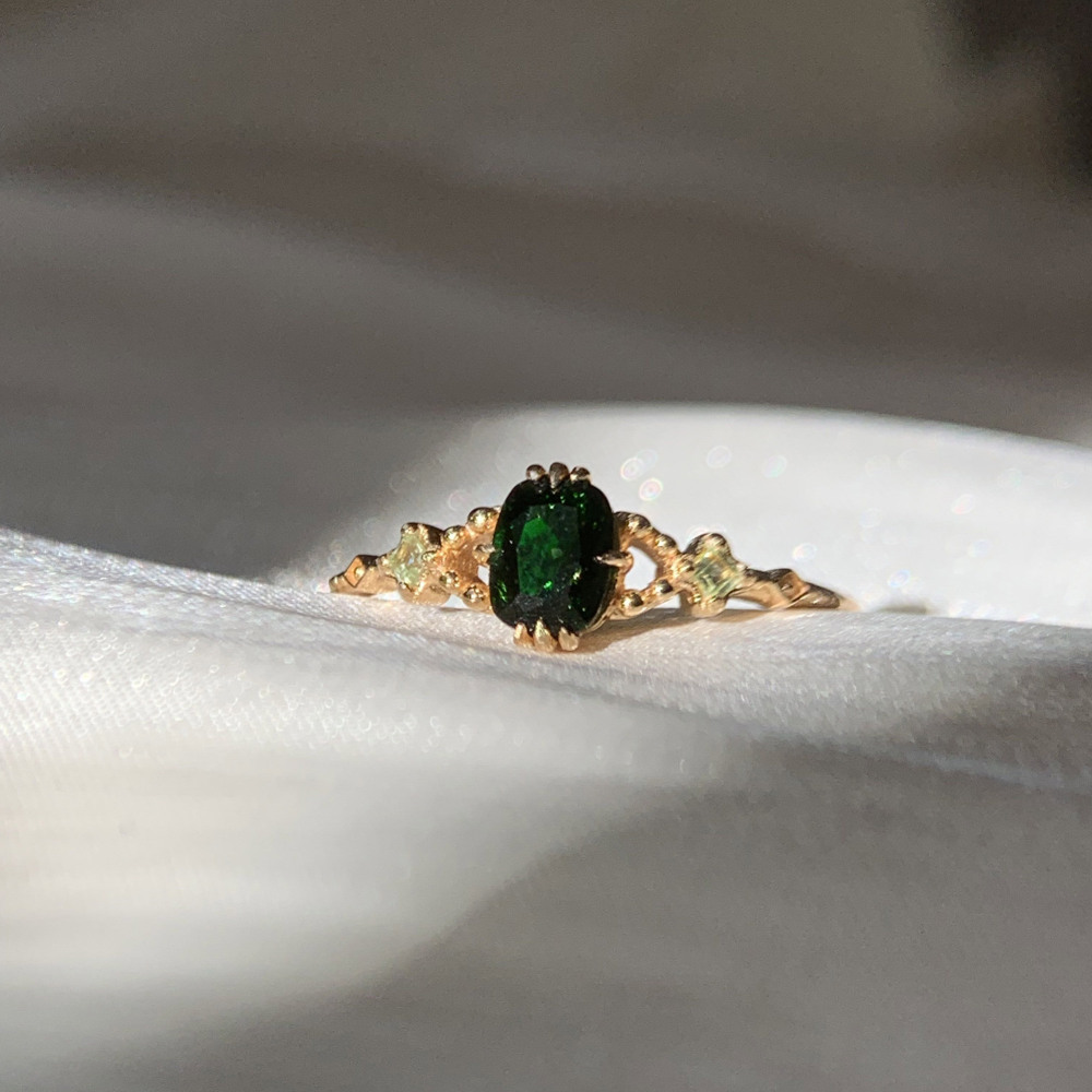 Vintage Green Sandstone Ring Cushion Cut Galaxy Sandstone Ring Gold Plated Dainty Peridot Sterling Silver Unique Art Deco Promise Ring