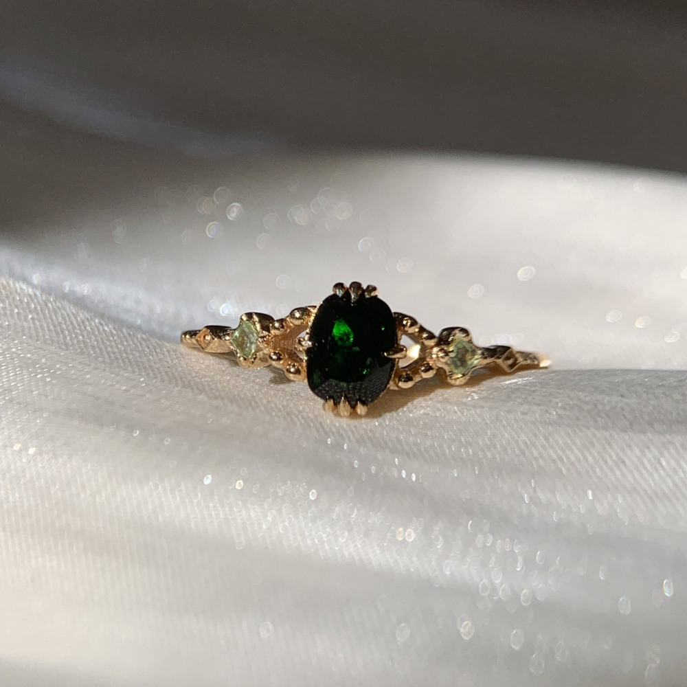 Vintage Green Sandstone Ring Cushion Cut Galaxy Sandstone Ring Gold Plated Dainty Peridot Sterling Silver Unique Art Deco Promise Ring