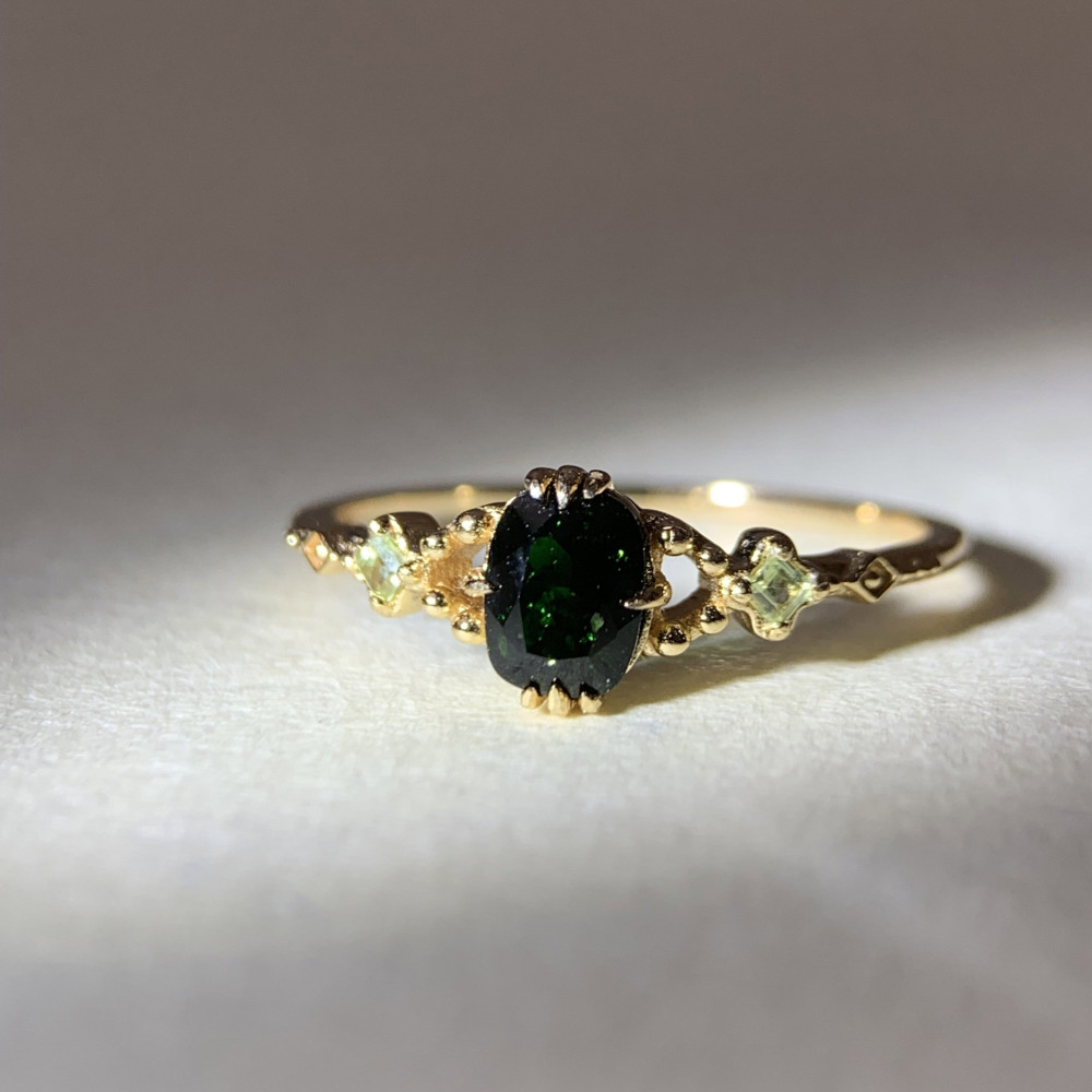 Vintage Green Sandstone Ring Cushion Cut Galaxy Sandstone Ring Gold Plated Dainty Peridot Sterling Silver Unique Art Deco Promise Ring