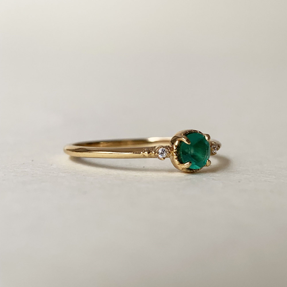 Green Onyx Promise Ring Gold Plated Three Stone Rings Art Deco Unique Green Gemstone Wedding Ring Anniversary Gift for her