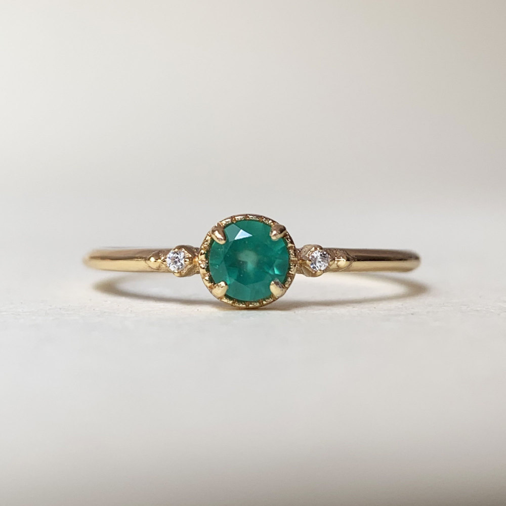 Green Onyx Promise Ring Gold Plated Three Stone Rings Art Deco Unique Green Gemstone Wedding Ring Anniversary Gift for her