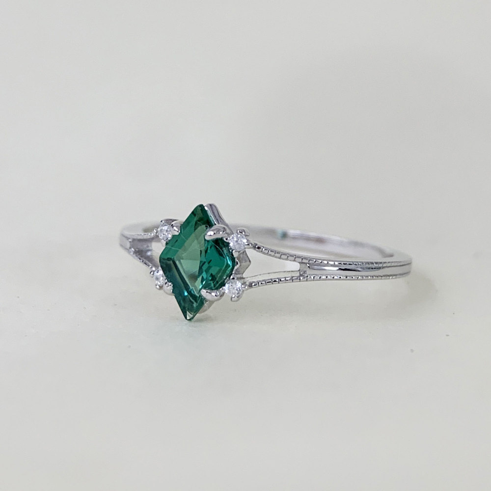 Emerald Engagement Ring Sterling Silver Dainty May Birthstone Green Gemstone Art Deco Promise Wedding Statement Jewelry
