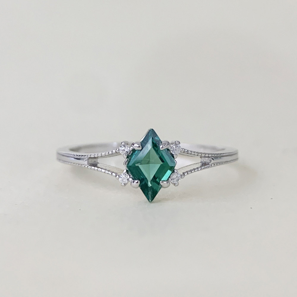 Emerald Engagement Ring Sterling Silver Dainty May Birthstone Green Gemstone Art Deco Promise Wedding Statement Jewelry