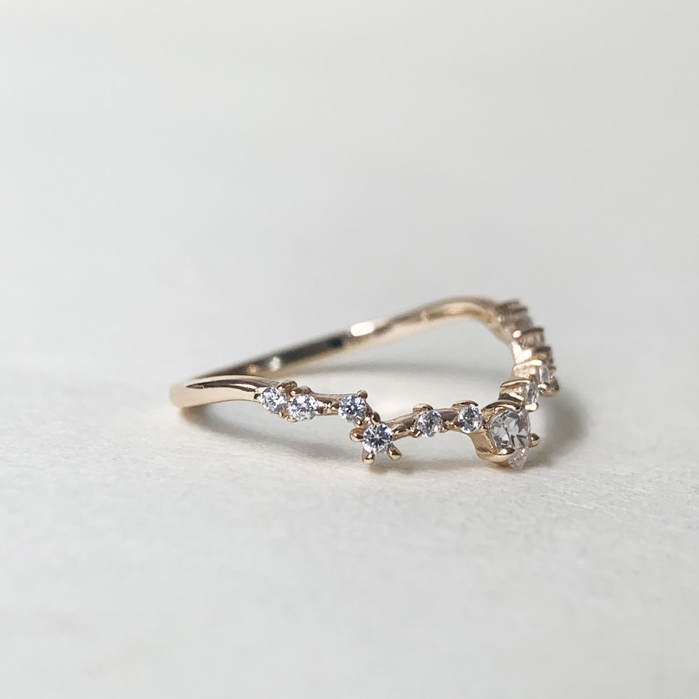 Cubic Zirconia Curved Wedding Band Chevron Stacking Band CZ Stackable Ring