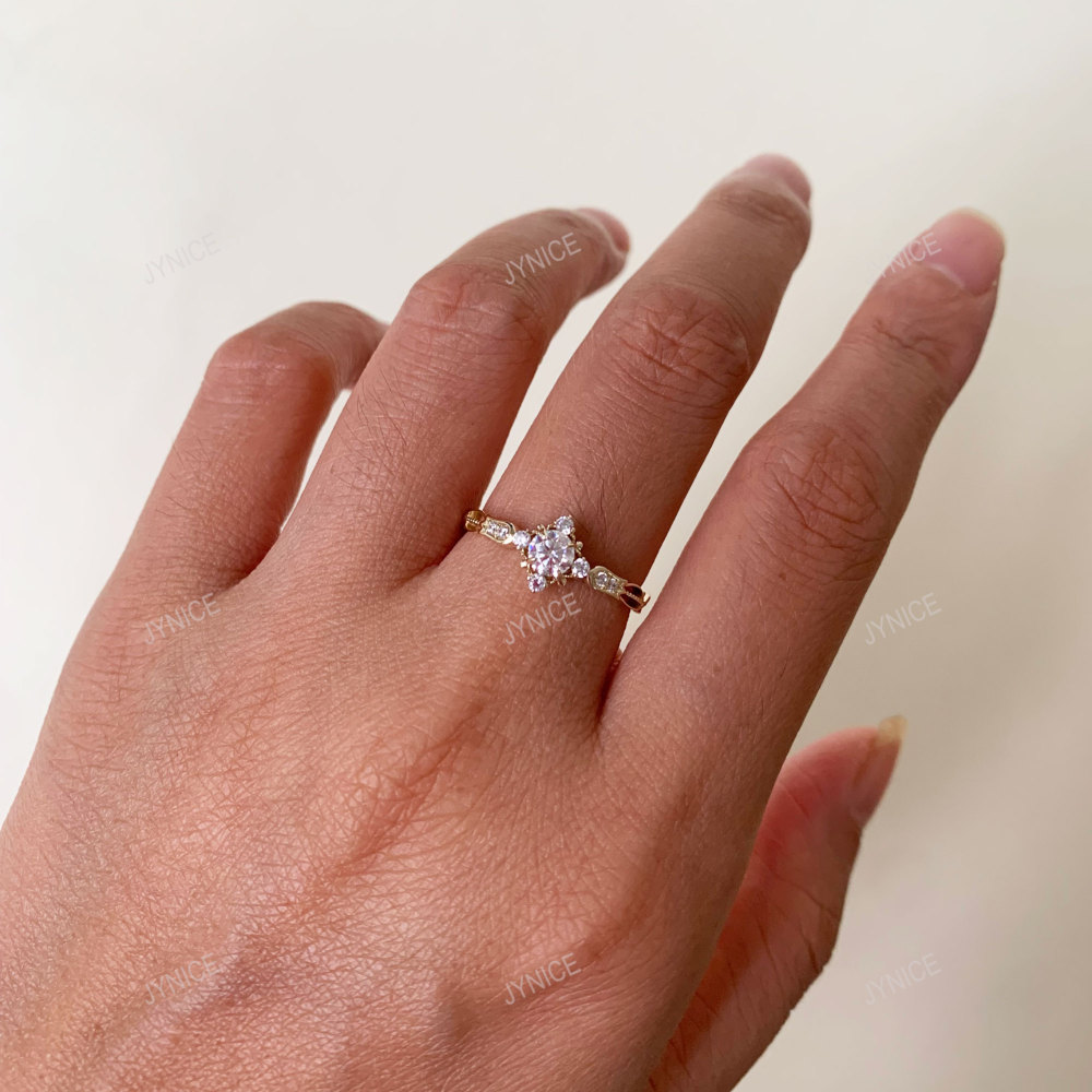 Round Moissanite Engagement Ring Dainty Gold CZ Halo Rings for Women Art Deco Promise Wedding Anniversary Jewelry
