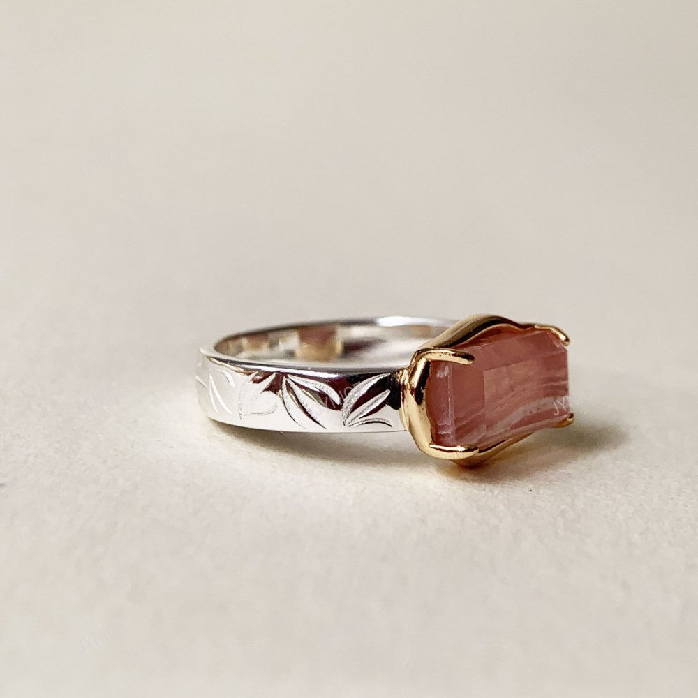 Rhodochrosite Ring 925 Sterling Silver Solitaire Chunky Rings Baguette Pink Gemstone Minimalist Promise Anniversary Jewelry