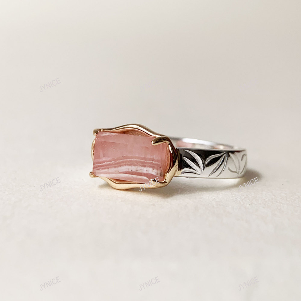Rhodochrosite Ring 925 Sterling Silver Solitaire Chunky Rings Baguette Pink Gemstone Minimalist Promise Anniversary Jewelry
