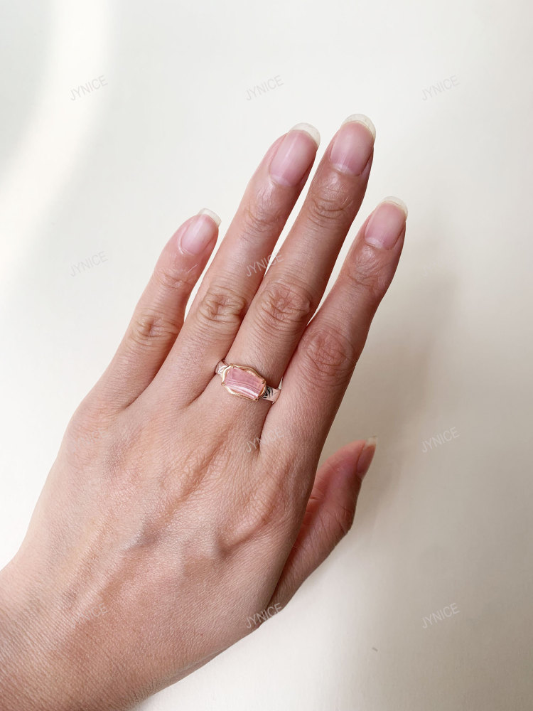 Rhodochrosite Ring 925 Sterling Silver Solitaire Chunky Rings Baguette Pink Gemstone Minimalist Promise Anniversary Jewelry