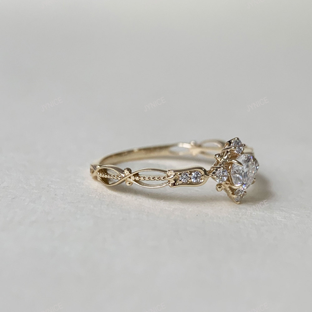 Round Moissanite Engagement Ring Dainty Gold CZ Halo Rings for Women Art Deco Promise Wedding Anniversary Jewelry