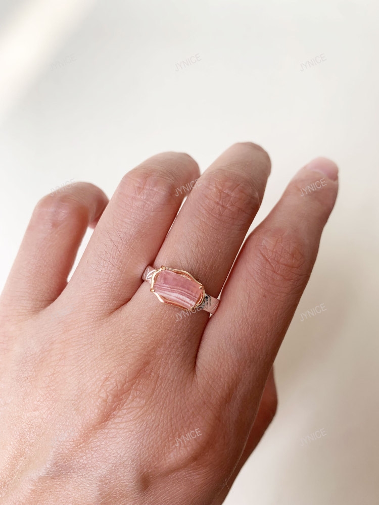 Rhodochrosite Ring 925 Sterling Silver Solitaire Chunky Rings Baguette Pink Gemstone Minimalist Promise Anniversary Jewelry