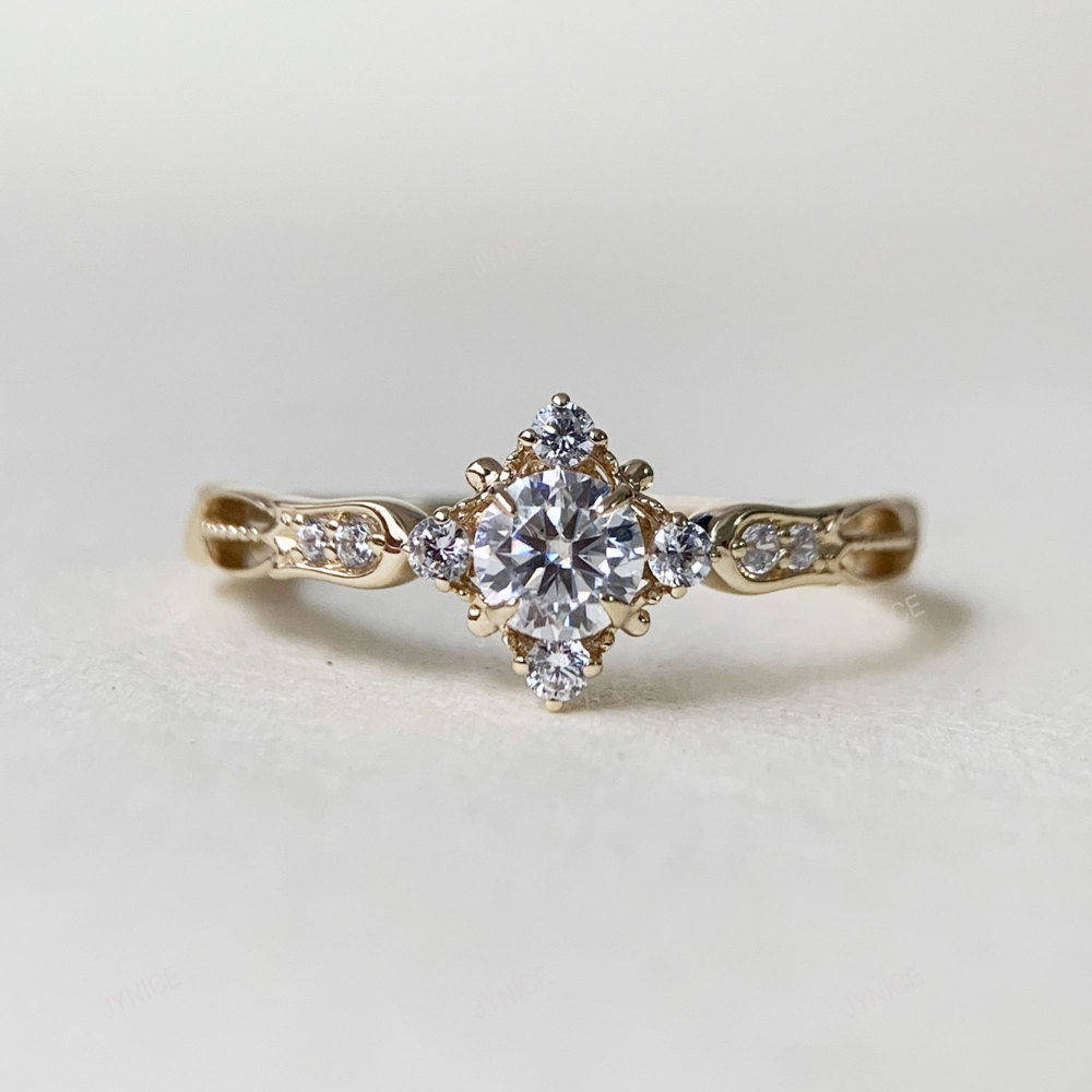Round Moissanite Engagement Ring Dainty Gold CZ Halo Rings for Women Art Deco Promise Wedding Anniversary Jewelry
