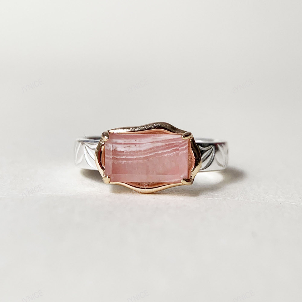 Rhodochrosite Ring 925 Sterling Silver Solitaire Chunky Rings Baguette Pink Gemstone Minimalist Promise Anniversary Jewelry
