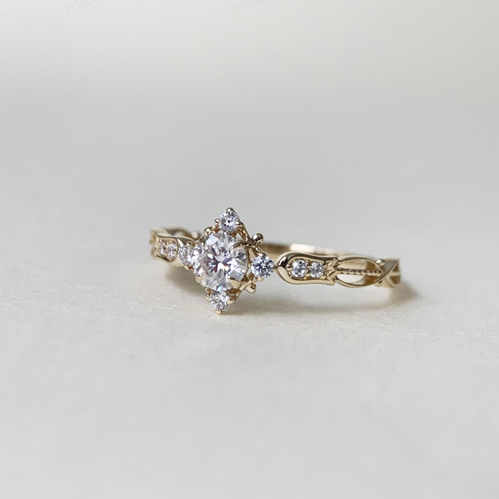 Round Moissanite Engagement Ring Dainty Gold CZ Halo Rings for Women Art Deco Promise Wedding Anniversary Jewelry