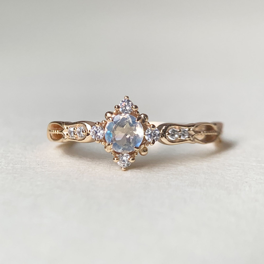 Round Moonstone Promise Ring Gold CZ Halo Engagement Wedding Rings Vintage Unique Dainty Bridal Anniversary Jewelry Gift