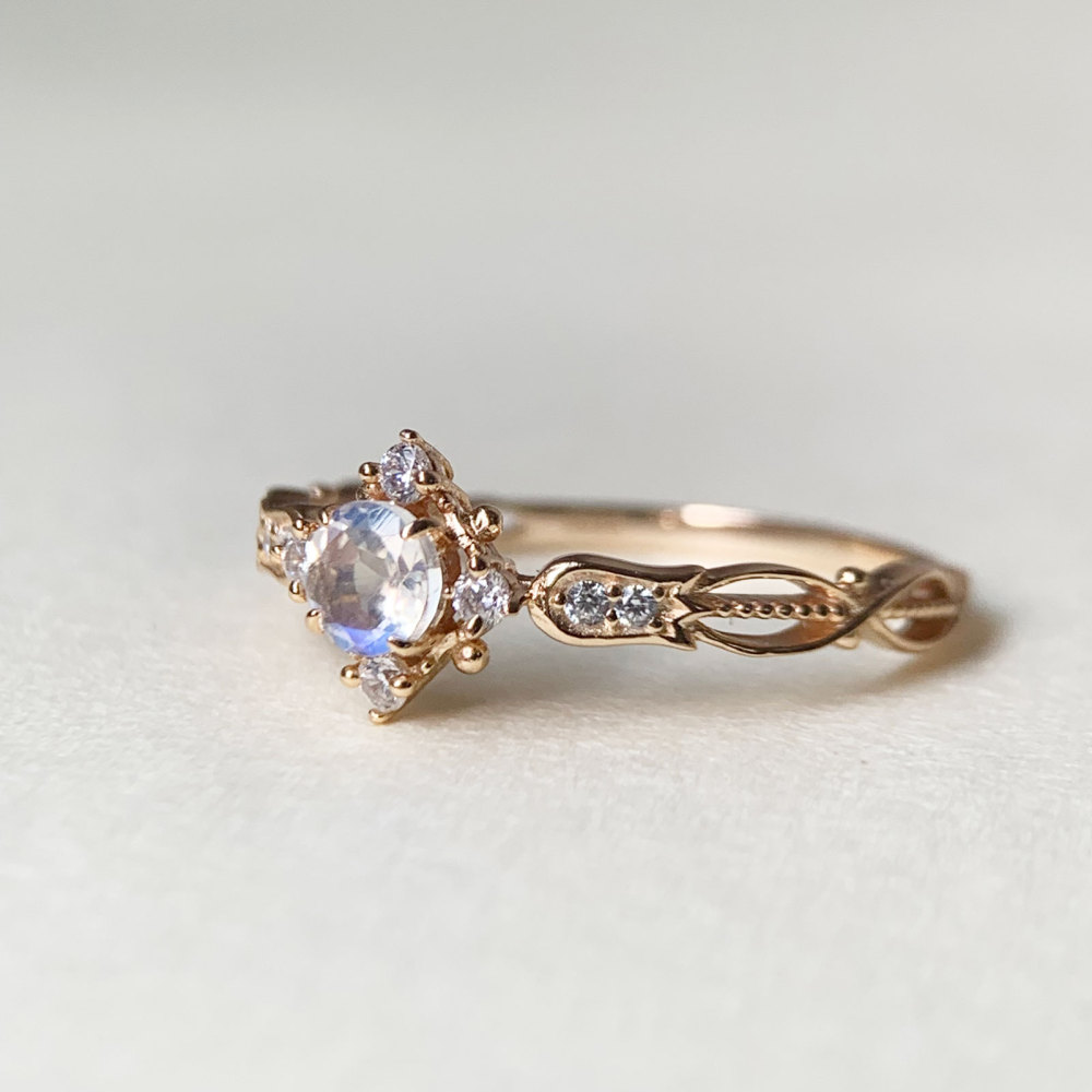 Round Moonstone Promise Ring Gold CZ Halo Engagement Wedding Rings Vintage Unique Dainty Bridal Anniversary Jewelry Gift
