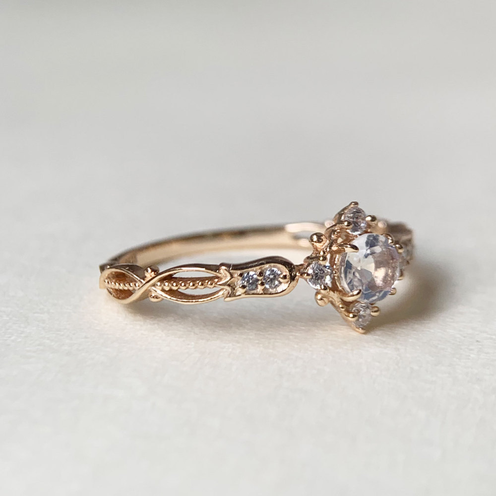 Round Moonstone Promise Ring Gold CZ Halo Engagement Wedding Rings Vintage Unique Dainty Bridal Anniversary Jewelry Gift