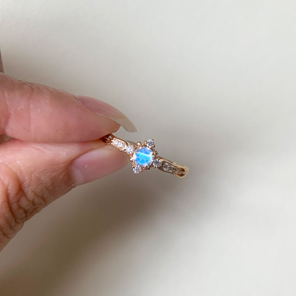 Round Moonstone Promise Ring Gold CZ Halo Engagement Wedding Rings Vintage Unique Dainty Bridal Anniversary Jewelry Gift
