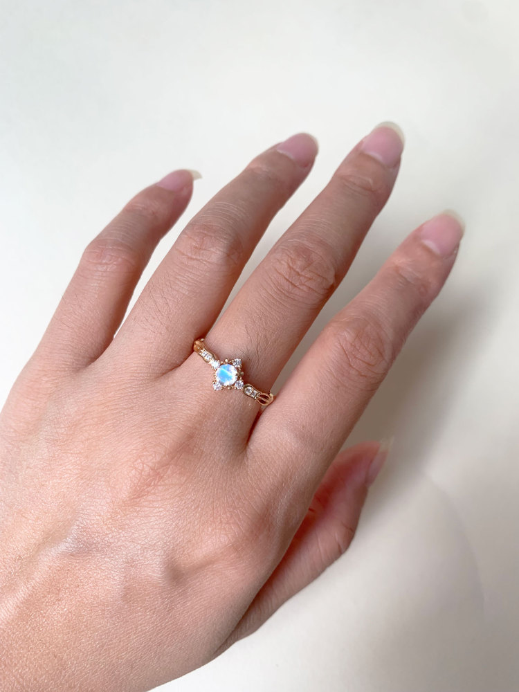 Round Moonstone Promise Ring Gold CZ Halo Engagement Wedding Rings Vintage Unique Dainty Bridal Anniversary Jewelry Gift