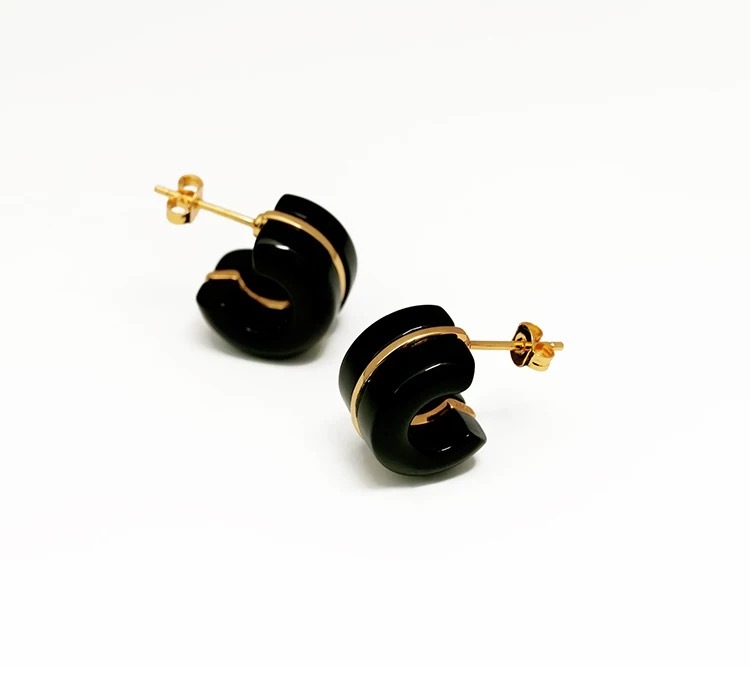 Black Onyx Hoop Earrings Small Chunky Hoops Gold Plated Sterling Silver White Mother of Pearl Thick Hoops for Women Gemstone Jewelry