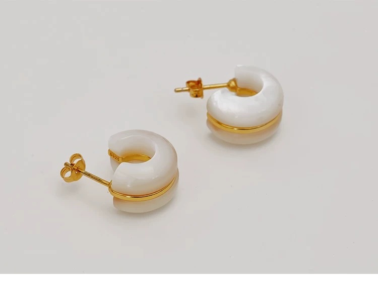 Black Onyx Hoop Earrings Small Chunky Hoops Gold Plated Sterling Silver White Mother of Pearl Thick Hoops for Women Gemstone Jewelry