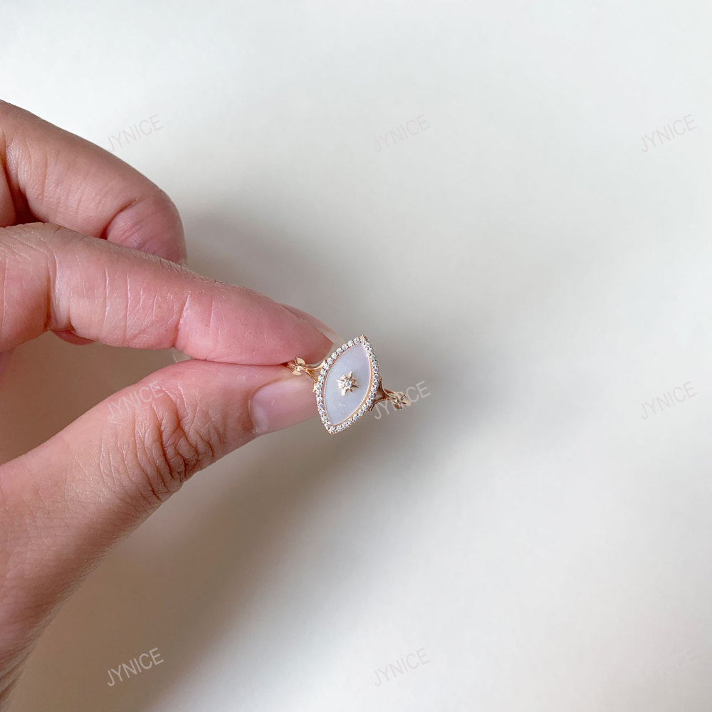 Mother of Pearl Ring Gold Plated Vintage CZ Halo Rings Dainty Art Deco Oval Ring Promise Anniversary Gift